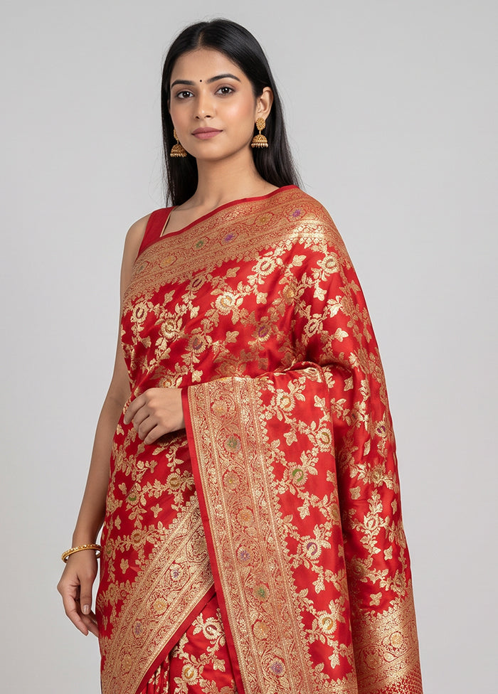 Red Banarasi Silk Saree With Blouse Piece