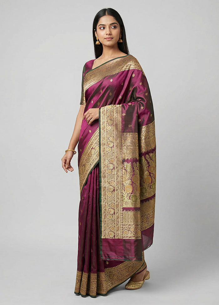 Purple Handloom Banarasi Pure Silk Saree With Blouse Piece