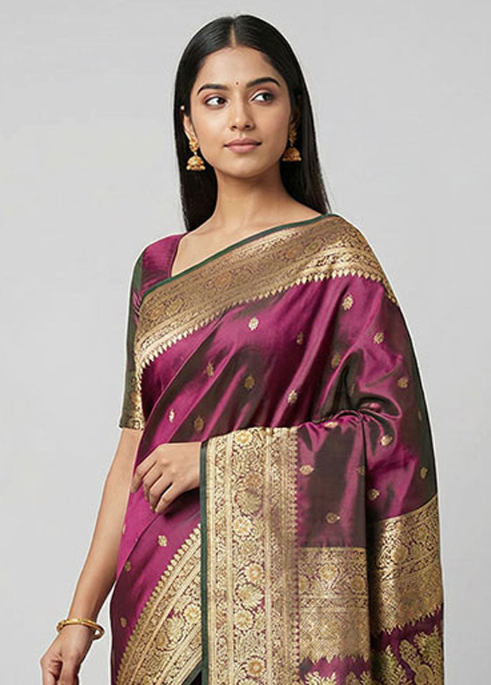 Purple Handloom Banarasi Pure Silk Saree With Blouse Piece