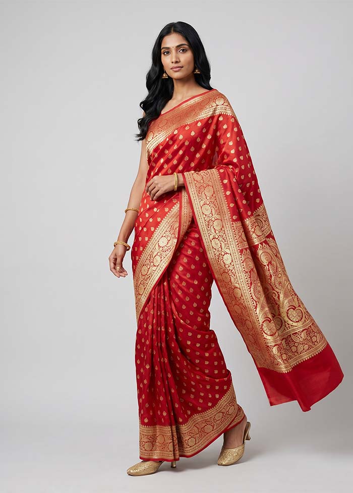 Red Handloom Banarasi Pure Silk Saree With Blouse Piece