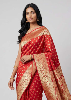 Red Handloom Banarasi Pure Silk Saree With Blouse Piece