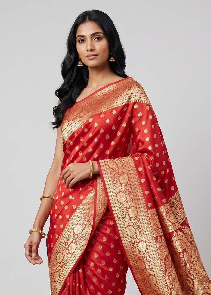 Red Handloom Banarasi Pure Silk Saree With Blouse Piece