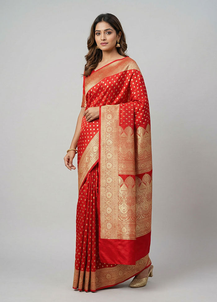 Red Handloom Banarasi Pure Silk Saree With Blouse Piece