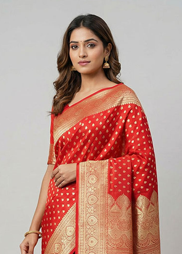 Red Handloom Banarasi Pure Silk Saree With Blouse Piece