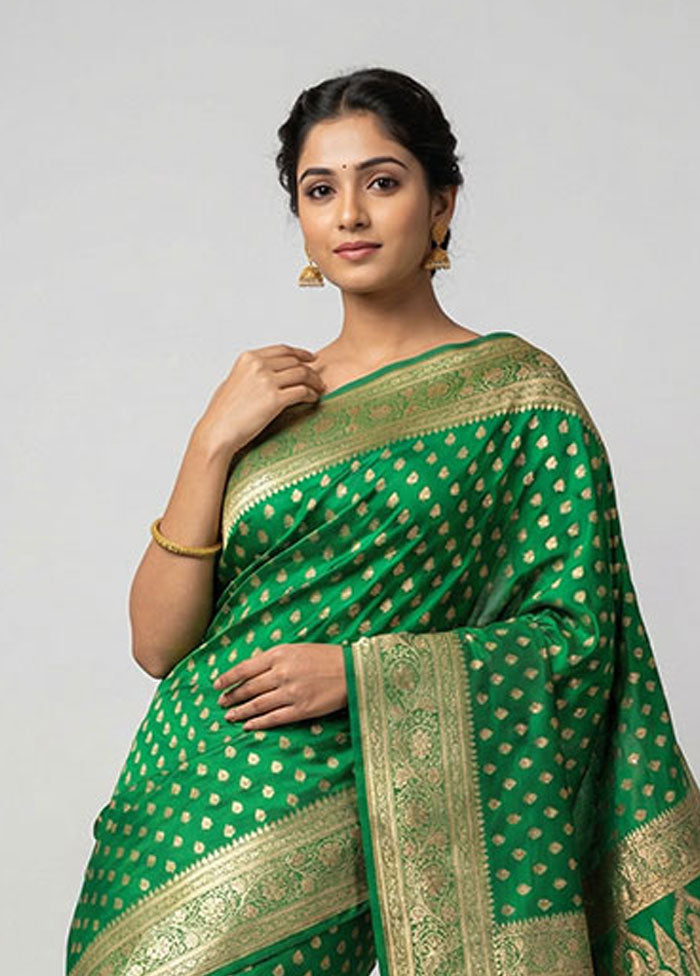 Green Handloom Banarasi Pure Silk Saree With Blouse Piece