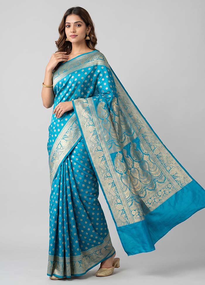 Blue Handloom Banarasi Pure Silk Saree With Blouse Piece