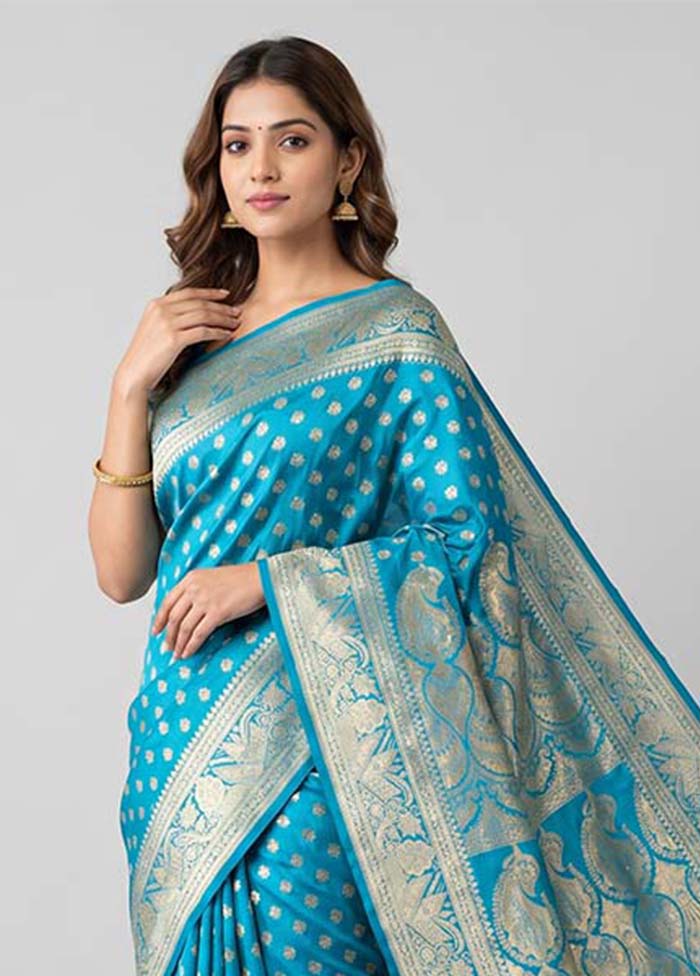 Blue Handloom Banarasi Pure Silk Saree With Blouse Piece