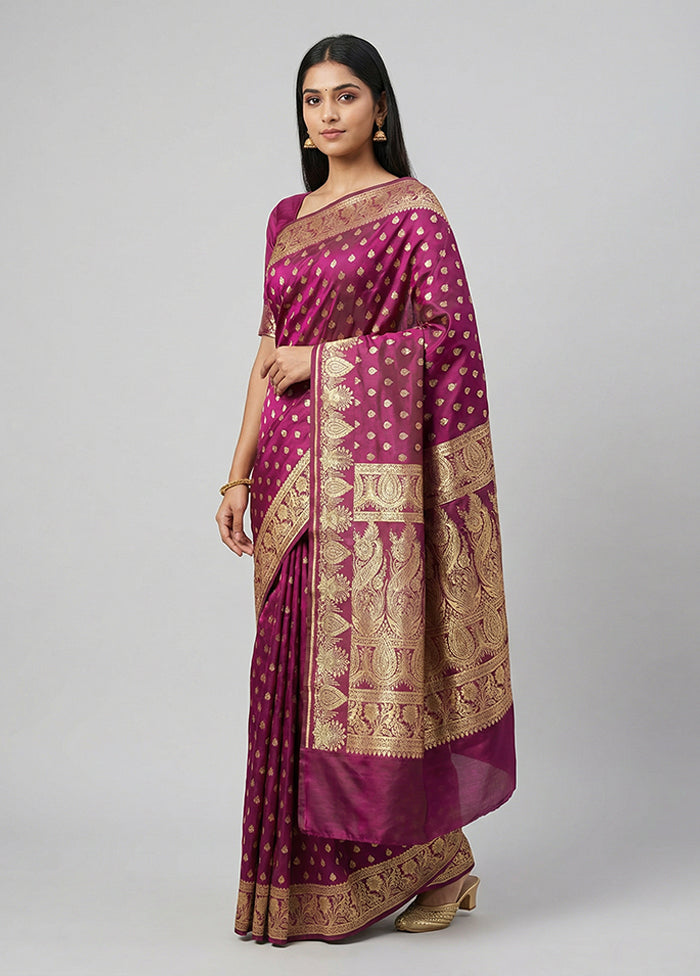 Purple Handloom Banarasi Pure Silk Saree With Blouse Piece