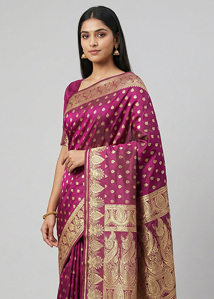 Purple Handloom Banarasi Pure Silk Saree With Blouse Piece