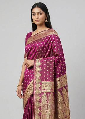 Purple Handloom Banarasi Pure Silk Saree With Blouse Piece
