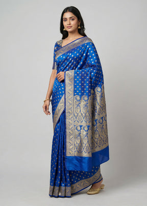 Blue Handloom Banarasi Pure Silk Saree With Blouse Piece