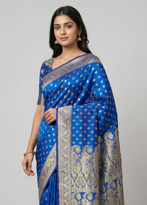 Blue Handloom Banarasi Pure Silk Saree With Blouse Piece