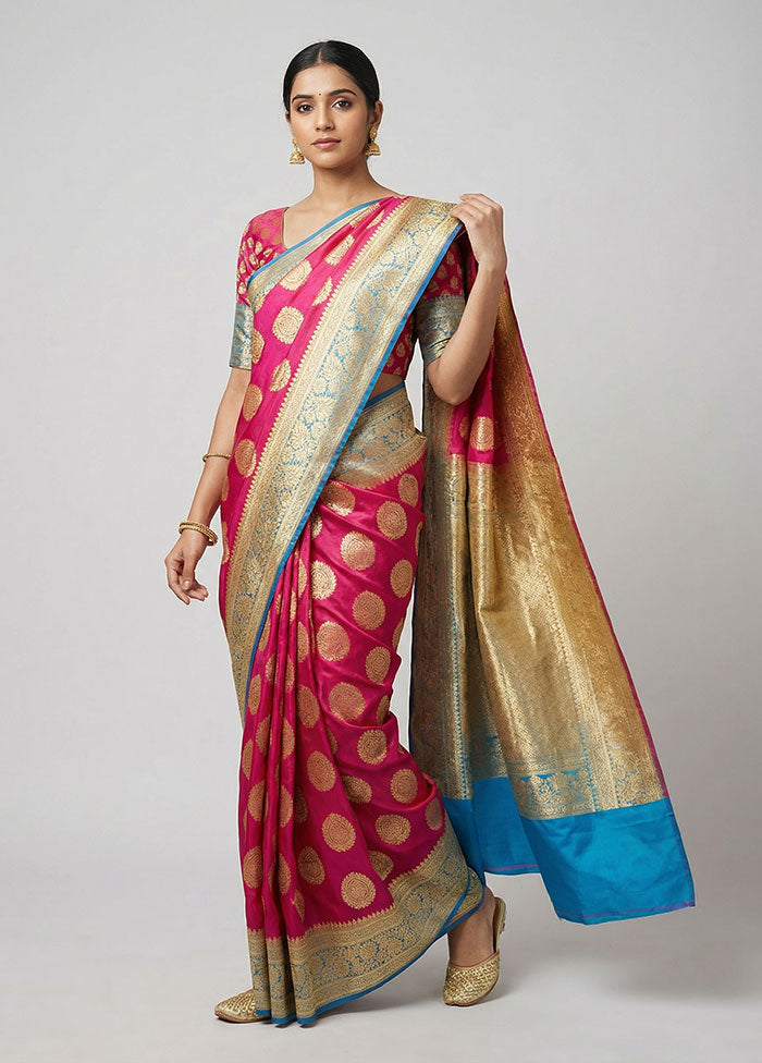 Pink Handloom Banarasi Pure Silk Saree With Blouse Piece