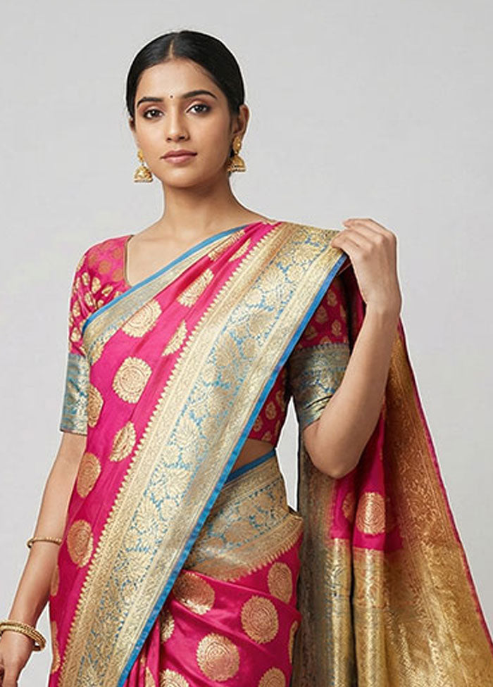 Pink Handloom Banarasi Pure Silk Saree With Blouse Piece