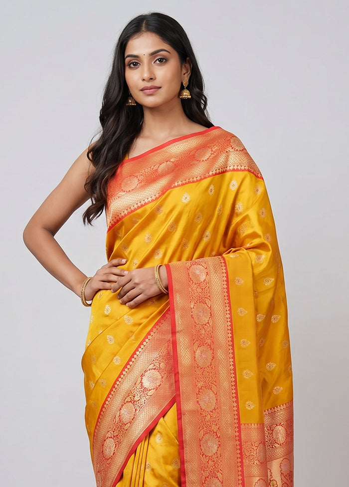 Yellow Handloom Katan Pure Silk Saree With Blouse Piece