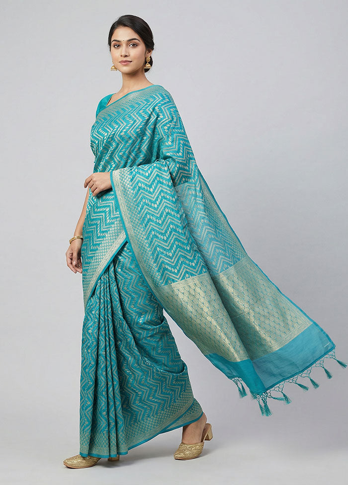 Blue Kora Silk Saree With Blouse Piece