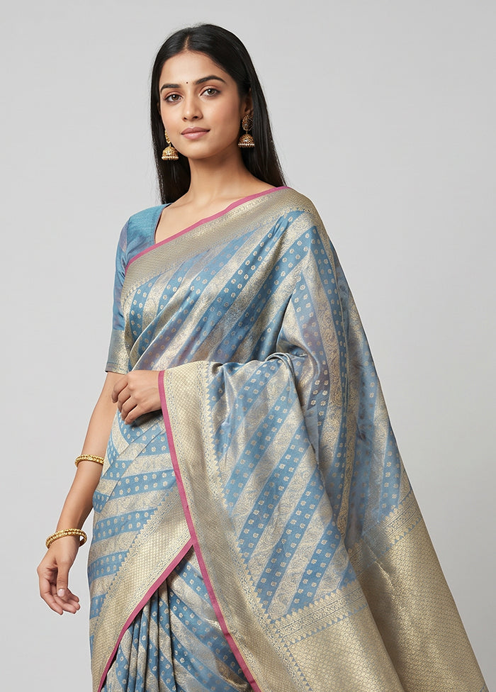 Blue Kora Silk Saree With Blouse Piece