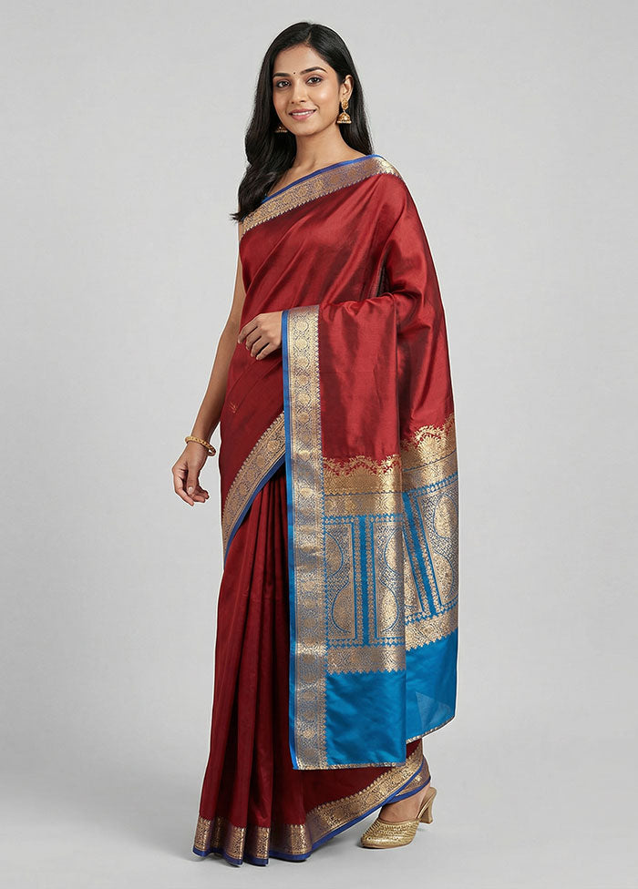 Maroon Banarasi Silk Saree With Blouse Piece