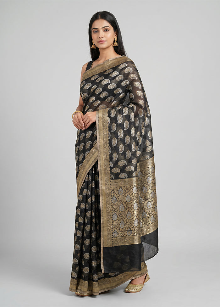 Black Kora Silk Saree With Blouse Piece