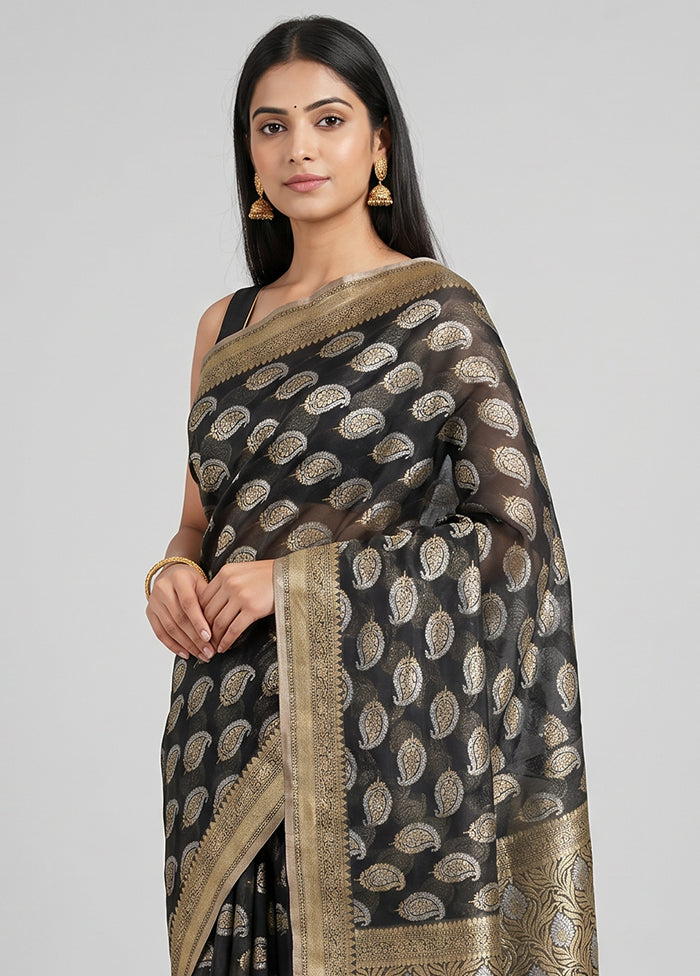 Black Kora Silk Saree With Blouse Piece