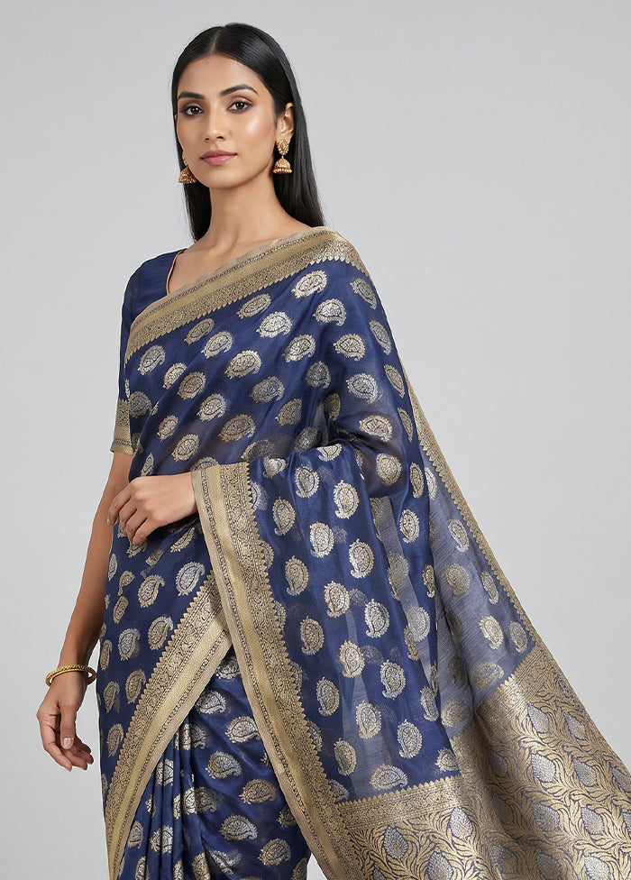 Blue Kora Silk Saree With Blouse Piece