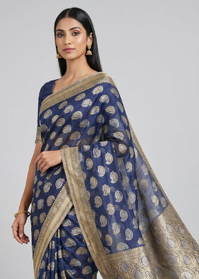 Blue Kora Silk Saree With Blouse Piece