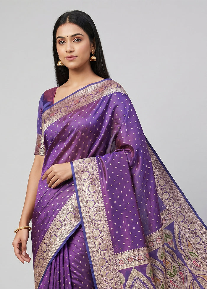 Purple Handloom Banarasi Pure Silk Saree With Blouse Piece