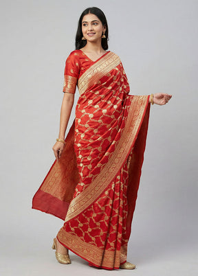 Red Handloom Banarasi Pure Silk Saree With Blouse Piece
