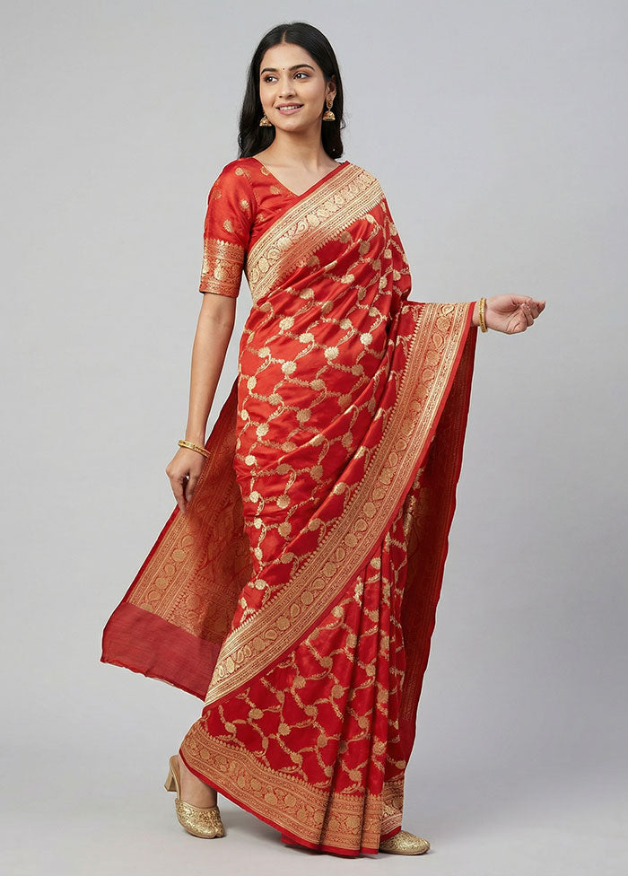 Red Handloom Banarasi Pure Silk Saree With Blouse Piece