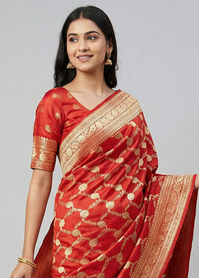 Red Handloom Banarasi Pure Silk Saree With Blouse Piece
