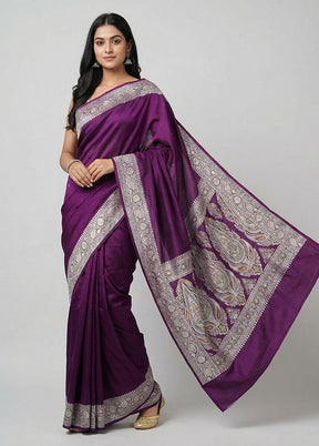 Purple Handloom Banarasi Pure Silk Saree With Blouse Piece