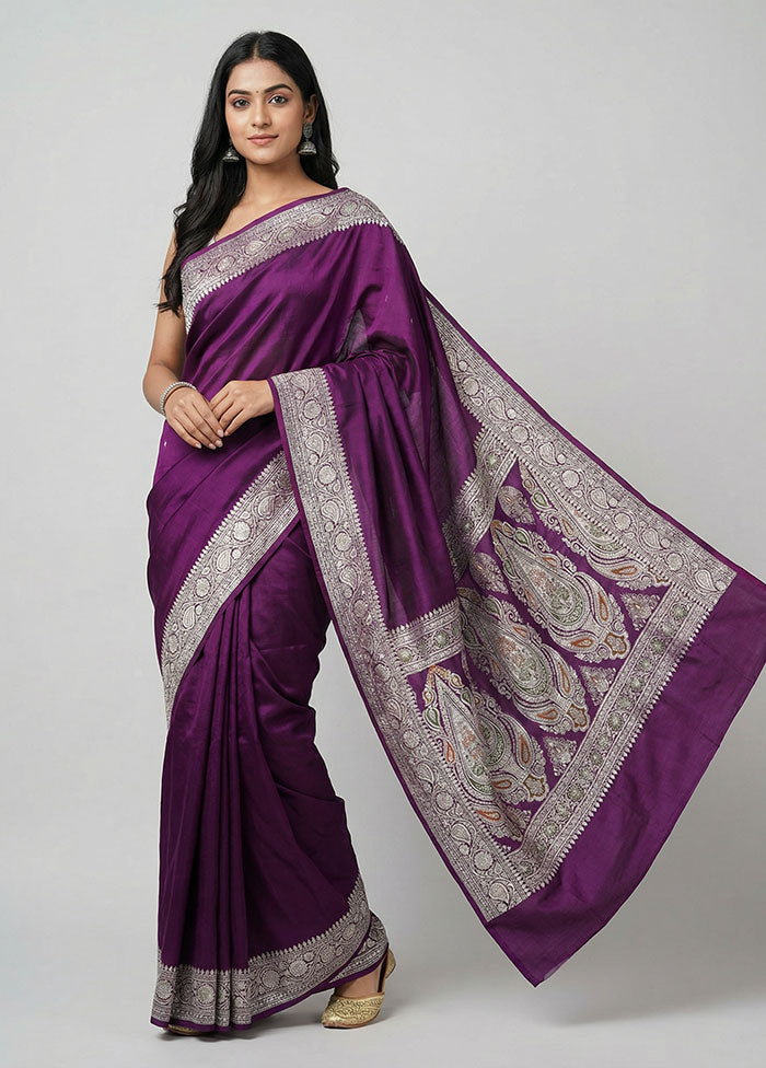 Purple Handloom Banarasi Pure Silk Saree With Blouse Piece