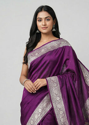 Purple Handloom Banarasi Pure Silk Saree With Blouse Piece