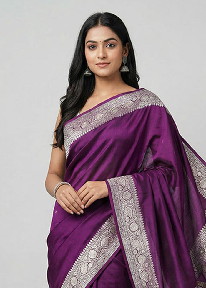 Purple Handloom Banarasi Pure Silk Saree With Blouse Piece