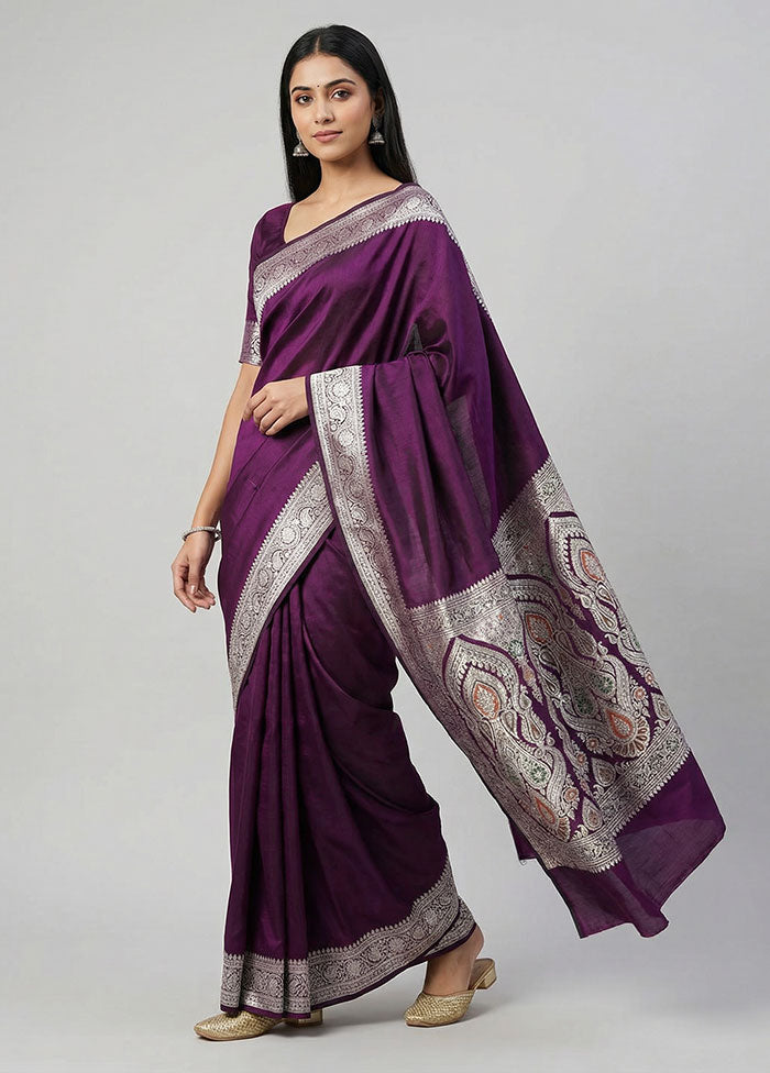 Purple Handloom Banarasi Pure Silk Saree With Blouse Piece
