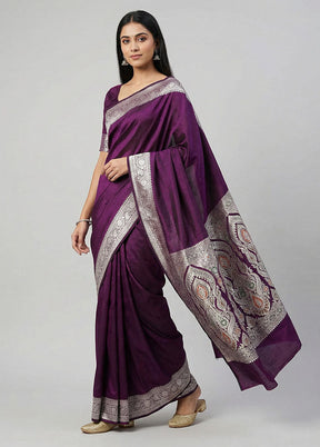 Purple Handloom Banarasi Pure Silk Saree With Blouse Piece