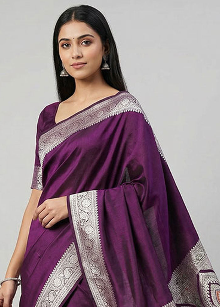 Purple Handloom Banarasi Pure Silk Saree With Blouse Piece