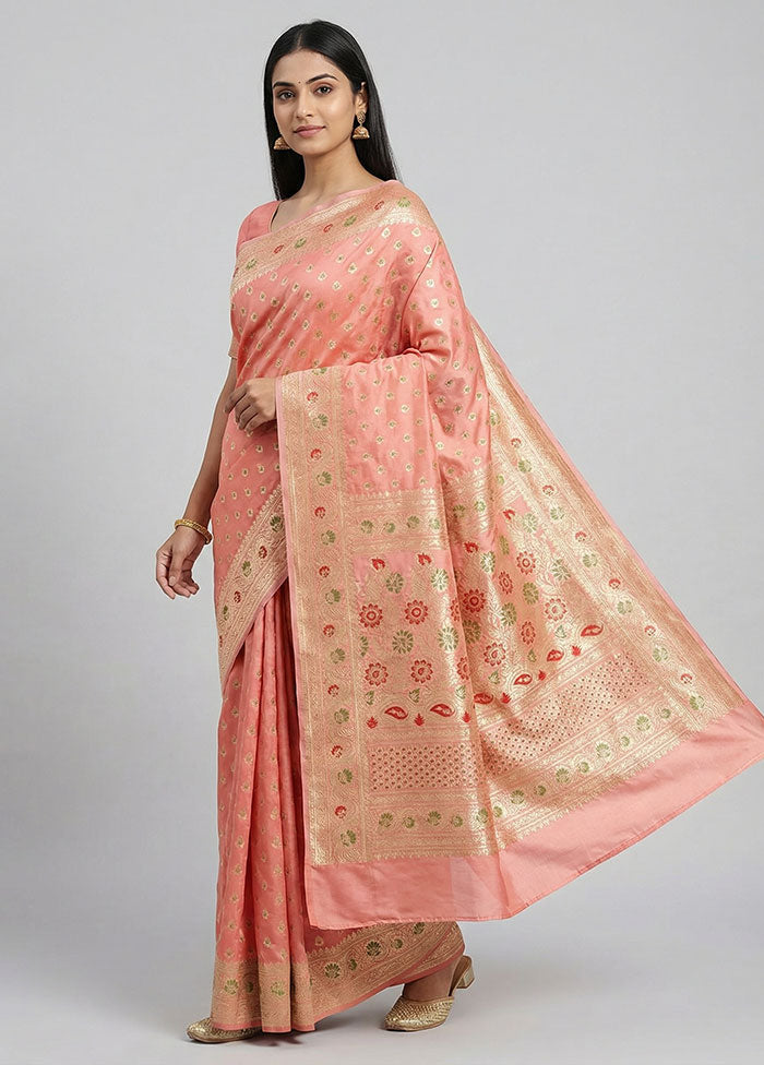 Pink Handloom Banarasi Pure Silk Saree With Blouse Piece