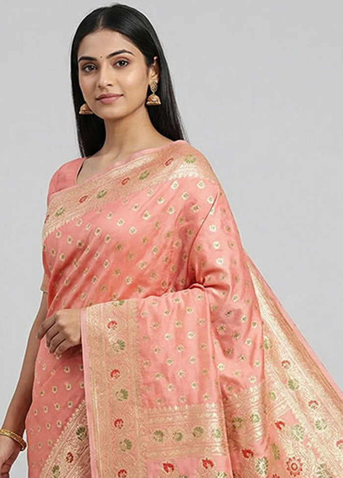 Pink Handloom Banarasi Pure Silk Saree With Blouse Piece