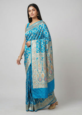 Blue Handloom Banarasi Pure Silk Saree With Blouse Piece