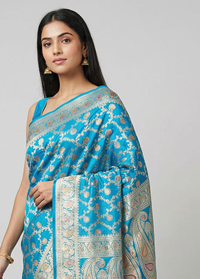 Blue Handloom Banarasi Pure Silk Saree With Blouse Piece