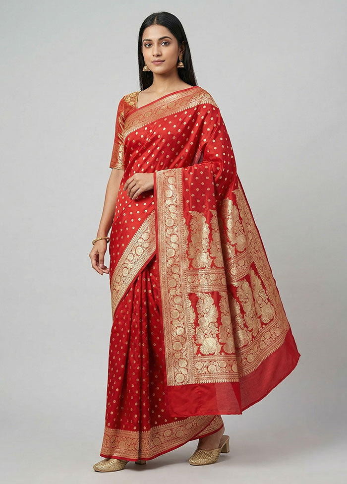 Red Handloom Banarasi Pure Silk Saree With Blouse Piece
