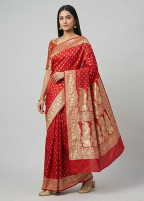 Red Handloom Banarasi Pure Silk Saree With Blouse Piece