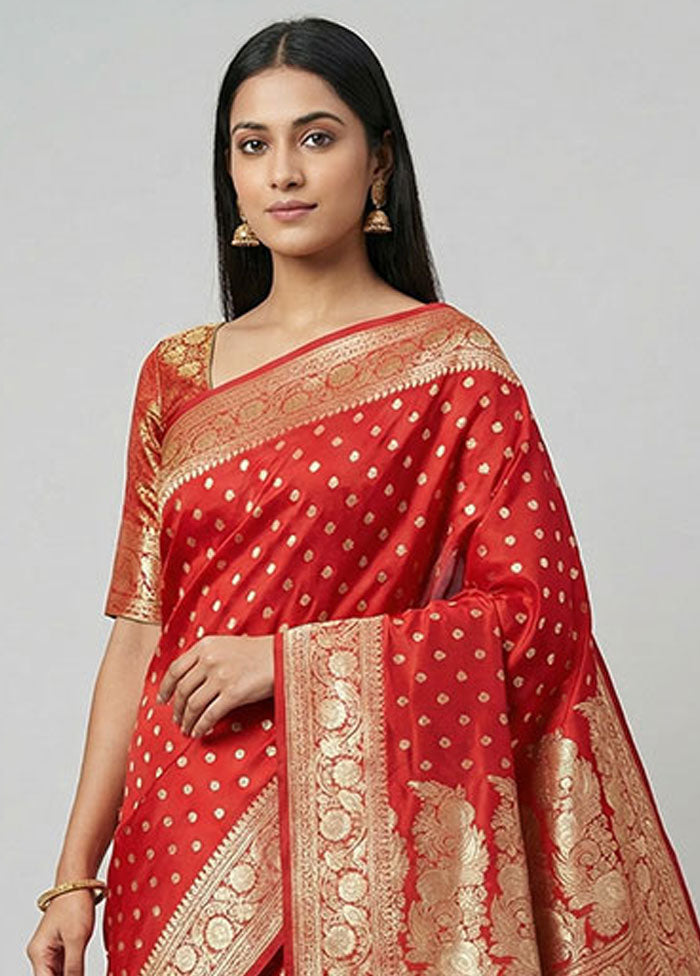 Red Handloom Banarasi Pure Silk Saree With Blouse Piece
