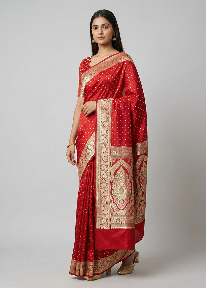 Red Handloom Banarasi Pure Silk Saree With Blouse Piece