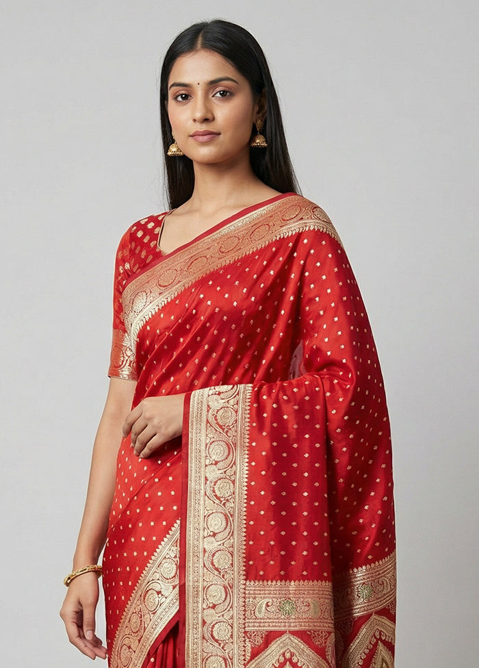 Red Handloom Banarasi Pure Silk Saree With Blouse Piece