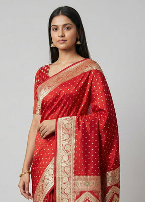 Red Handloom Banarasi Pure Silk Saree With Blouse Piece