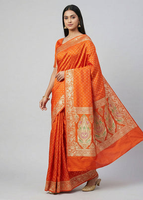 Orange Handloom Banarasi Pure Silk Saree With Blouse Piece