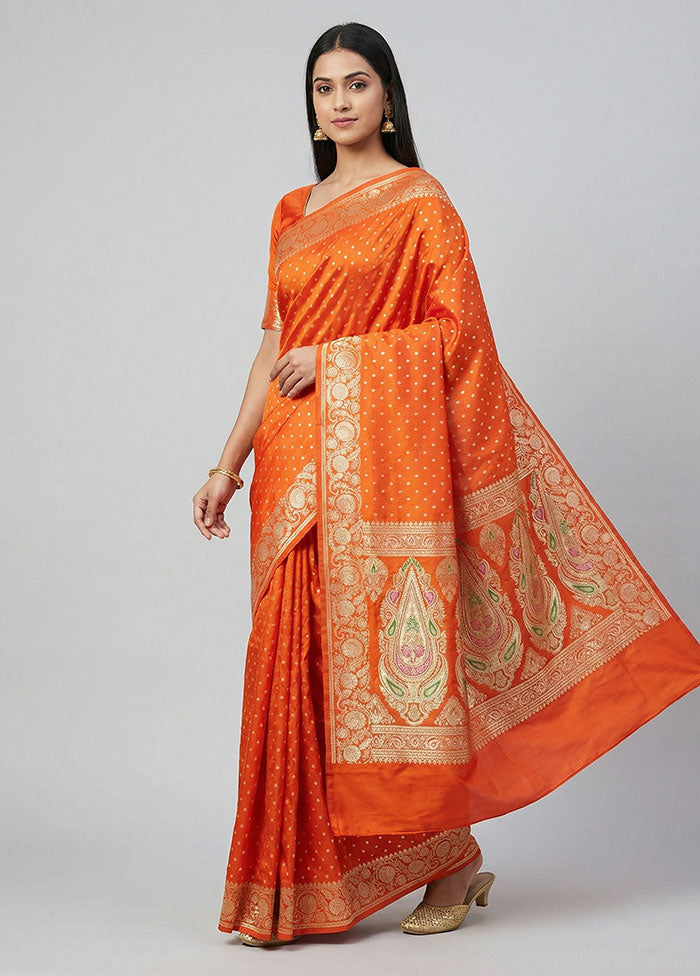 Orange Handloom Banarasi Pure Silk Saree With Blouse Piece