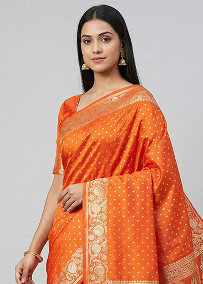 Orange Handloom Banarasi Pure Silk Saree With Blouse Piece